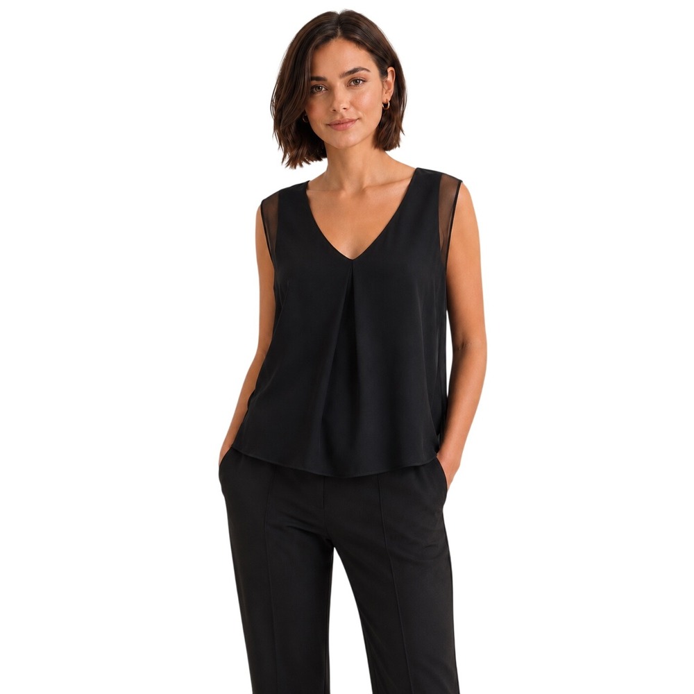 Massimo Dutti Black Sheer Layered Blouse M Quiet Luxury Minimalist V-Neck Top